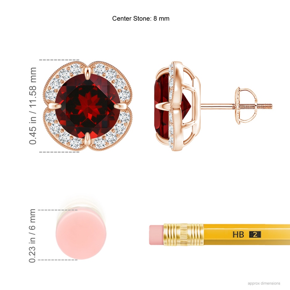 8mm AAAA Claw-Set Garnet Clover Stud Earrings in Rose Gold ruler