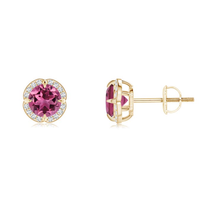 5mm AAAA Claw-Set Pink Tourmaline Clover Stud Earrings in Yellow Gold