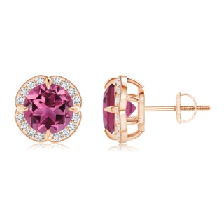 7mm AAAA Claw-Set Pink Tourmaline Clover Stud Earrings in Rose Gold