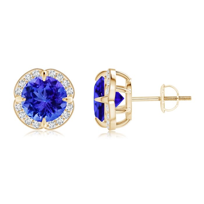 7mm AAA Claw-Set Tanzanite Clover Stud Earrings in Yellow Gold 
