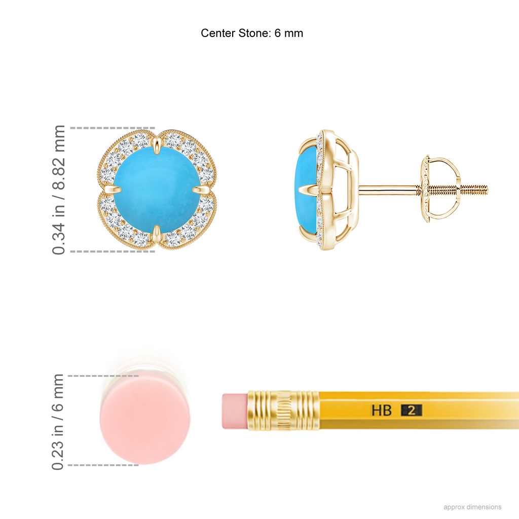 6mm AAA Claw-Set Turquoise Clover Stud Earrings in Yellow Gold Ruler