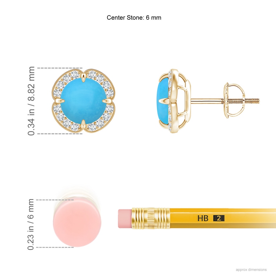 6mm AAA Claw-Set Turquoise Clover Stud Earrings in Yellow Gold ruler