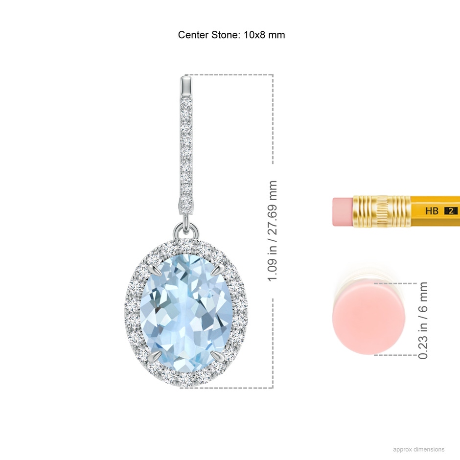 10x8mm AA Oval Aquamarine Dangle Earrings with Diamond Halo in White Gold ruler