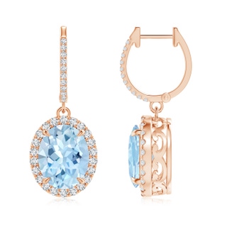 10x8mm AAA Oval Aquamarine Dangle Earrings with Diamond Halo in Rose Gold