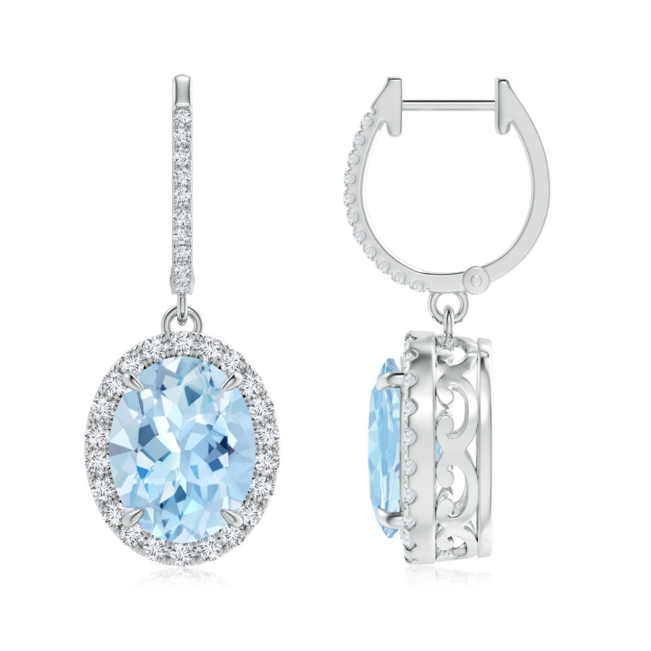 10x8mm AAA Oval Aquamarine Dangle Earrings with Diamond Halo in White Gold 