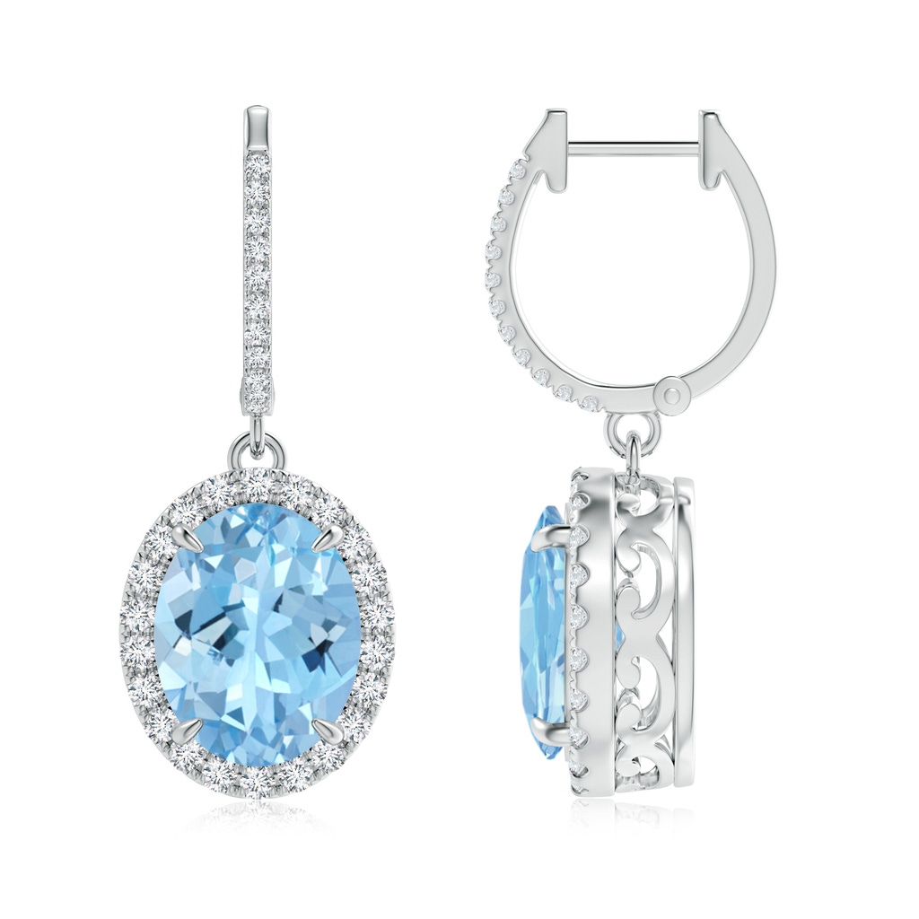 10x8mm AAAA Oval Aquamarine Dangle Earrings with Diamond Halo in P950 Platinum