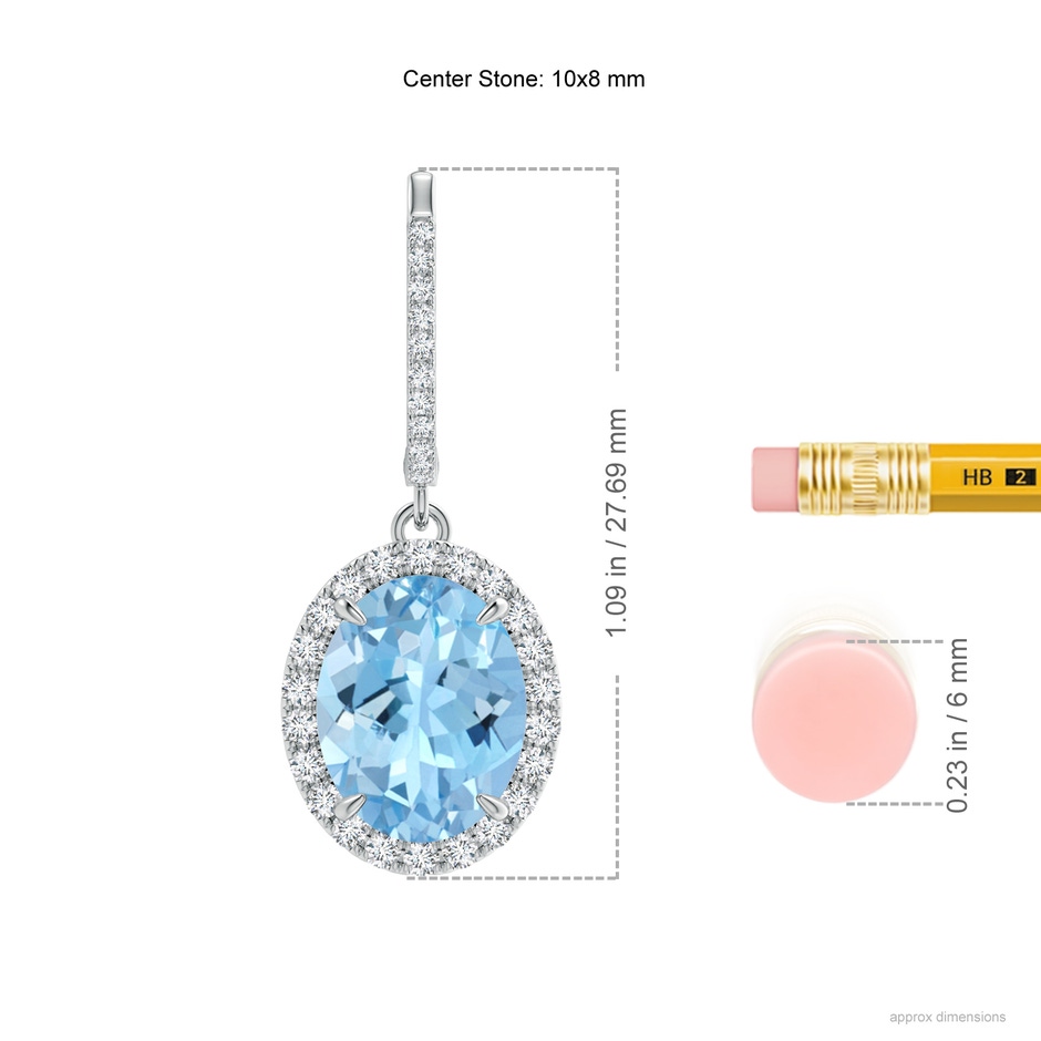 10x8mm AAAA Oval Aquamarine Dangle Earrings with Diamond Halo in P950 Platinum ruler