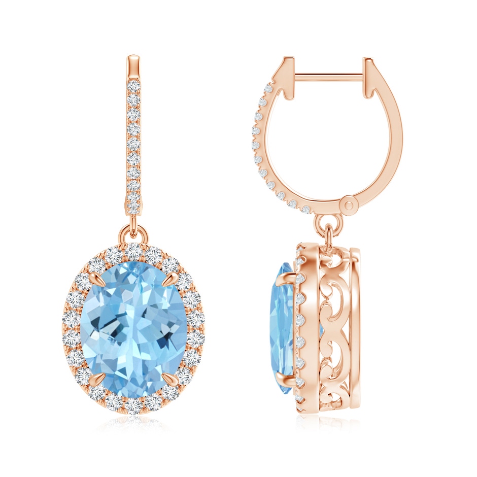 10x8mm AAAA Oval Aquamarine Dangle Earrings with Diamond Halo in Rose Gold 