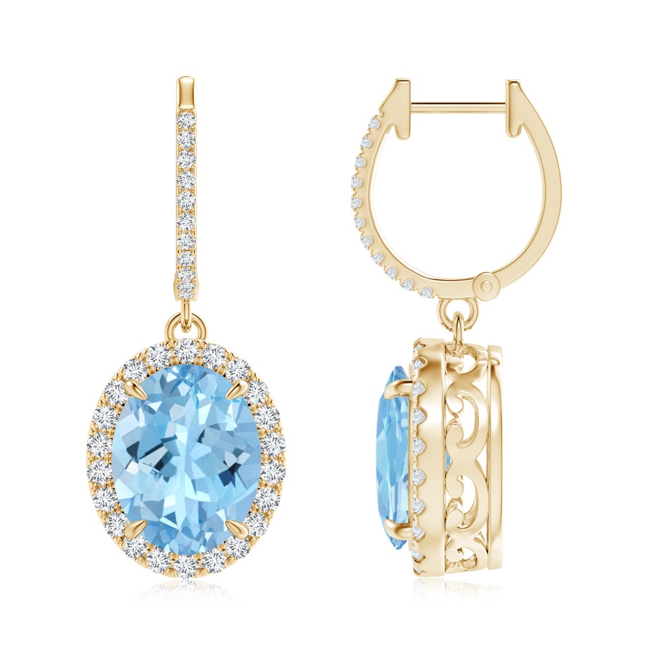 10x8mm AAAA Oval Aquamarine Dangle Earrings with Diamond Halo in Yellow Gold 