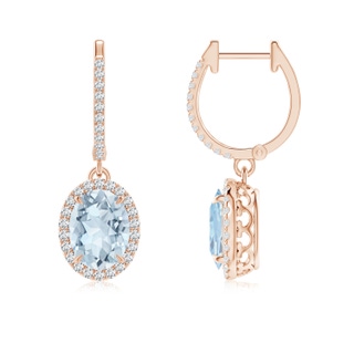 8x6mm A Oval Aquamarine Dangle Earrings with Diamond Halo in 10K Rose Gold