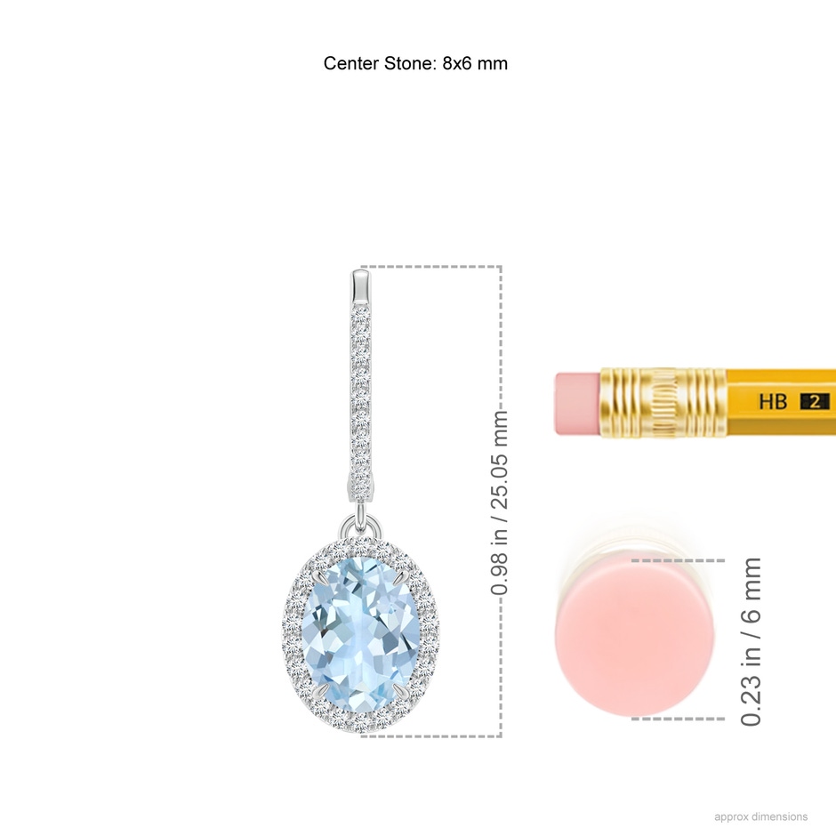 8x6mm AA Oval Aquamarine Dangle Earrings with Diamond Halo in White Gold ruler