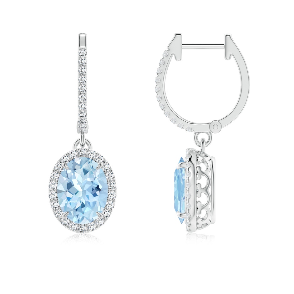 8x6mm AAA Oval Aquamarine Dangle Earrings with Diamond Halo in White Gold 