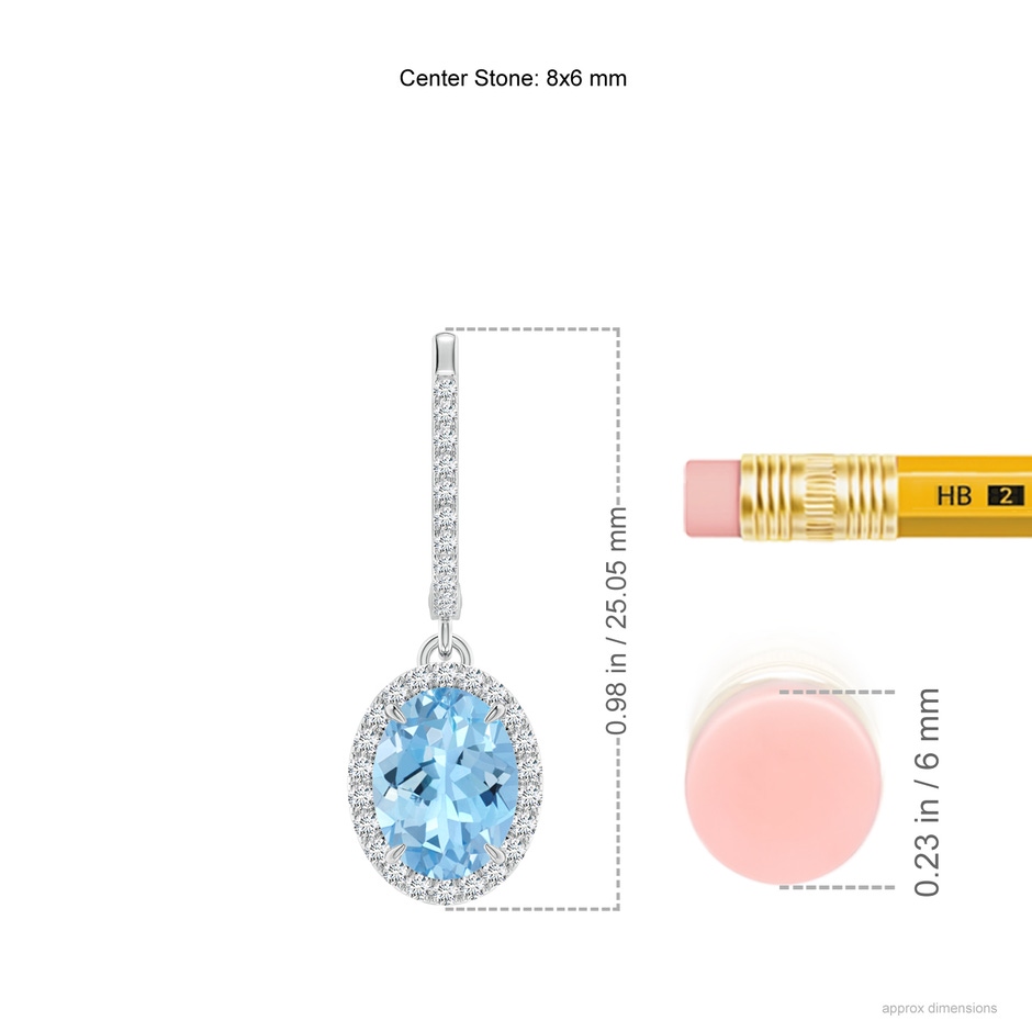 8x6mm AAAA Oval Aquamarine Dangle Earrings with Diamond Halo in P950 Platinum ruler
