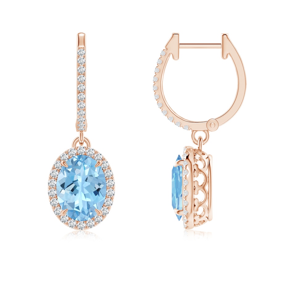 8x6mm AAAA Oval Aquamarine Dangle Earrings with Diamond Halo in Rose Gold 