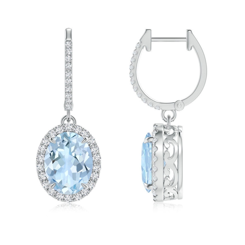 9x7mm AA Oval Aquamarine Dangle Earrings with Diamond Halo in White Gold 