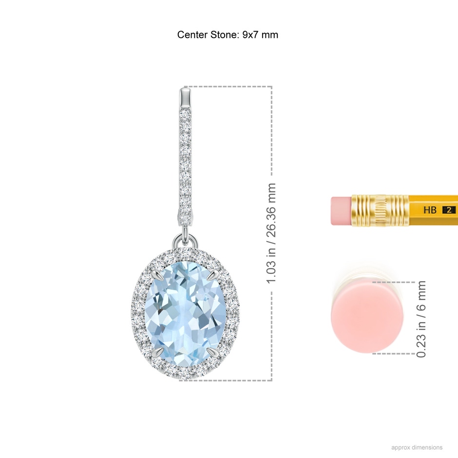 9x7mm AA Oval Aquamarine Dangle Earrings with Diamond Halo in White Gold ruler