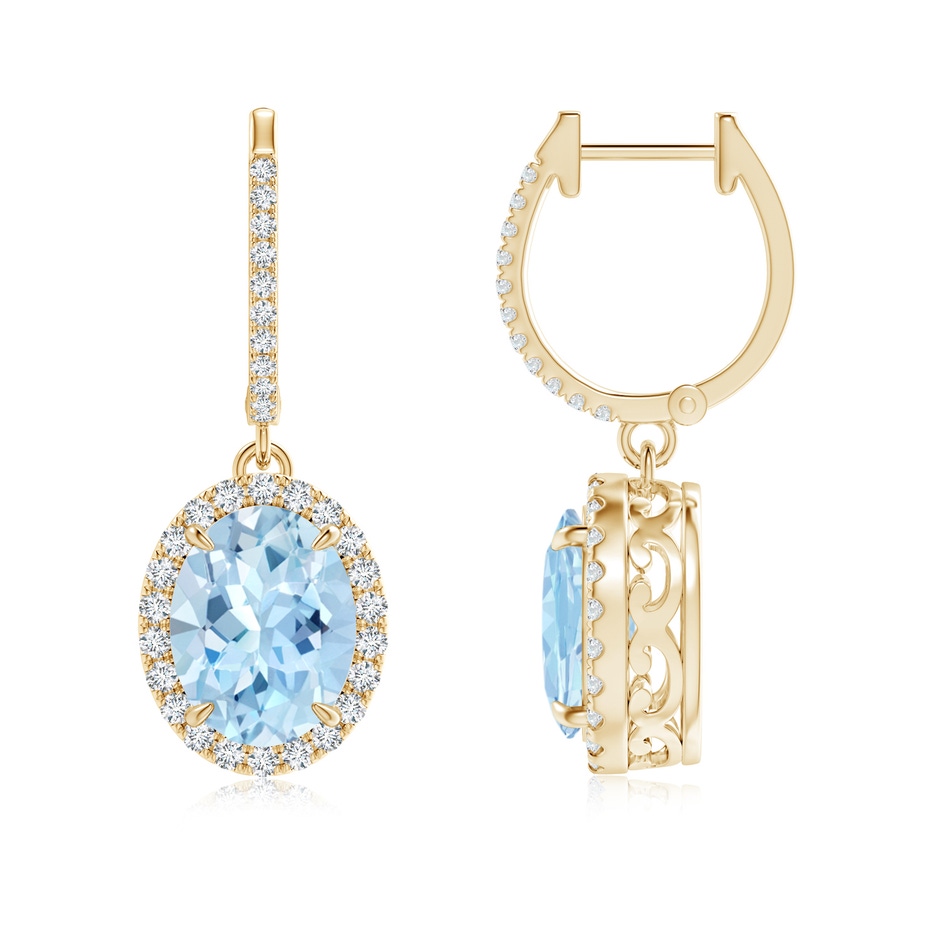 9x7mm AAA Oval Aquamarine Dangle Earrings with Diamond Halo in Yellow Gold 