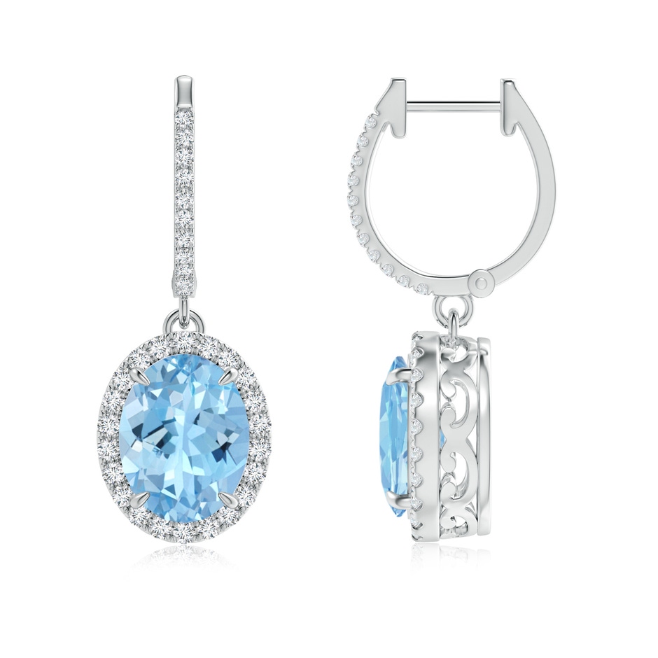 9x7mm AAAA Oval Aquamarine Dangle Earrings with Diamond Halo in White Gold 