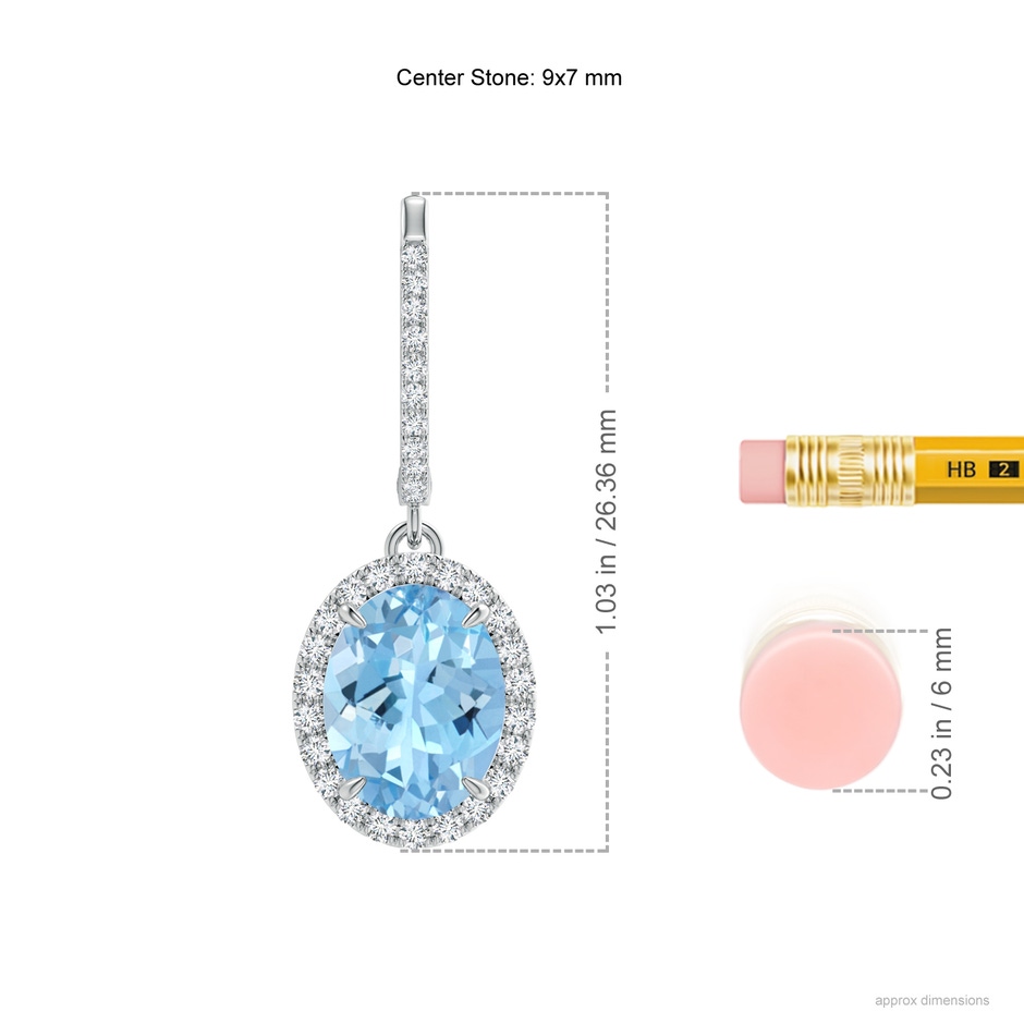 9x7mm AAAA Oval Aquamarine Dangle Earrings with Diamond Halo in White Gold ruler