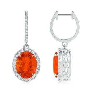 10x8mm AAA Oval Fire Opal Dangle Earrings with Diamond Halo in White Gold