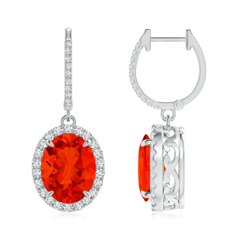 10x8mm AAAA Oval Fire Opal Dangle Earrings with Diamond Halo in P950 Platinum