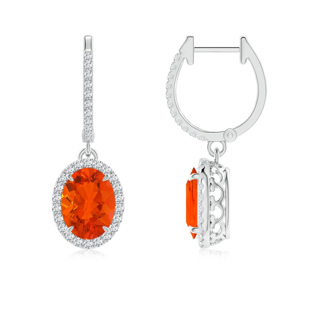 8x6mm AAA Oval Fire Opal Dangle Earrings with Diamond Halo in White Gold