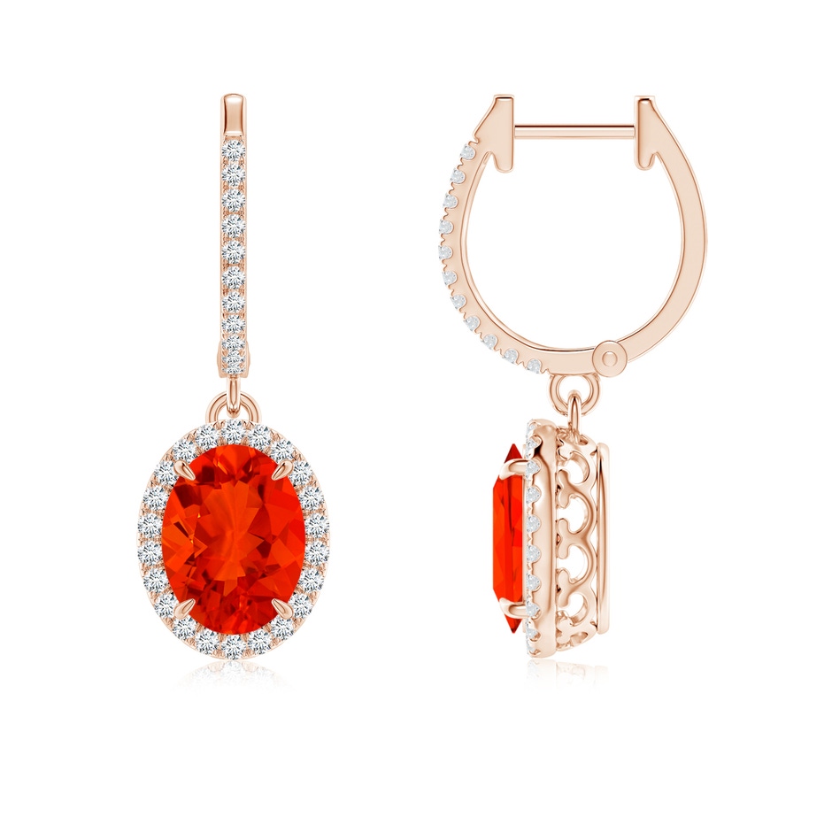 8x6mm AAAA Oval Fire Opal Dangle Earrings with Diamond Halo in Rose Gold 