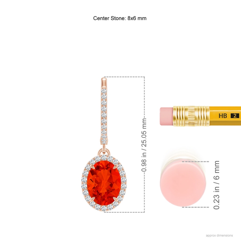 8x6mm AAAA Oval Fire Opal Dangle Earrings with Diamond Halo in Rose Gold ruler