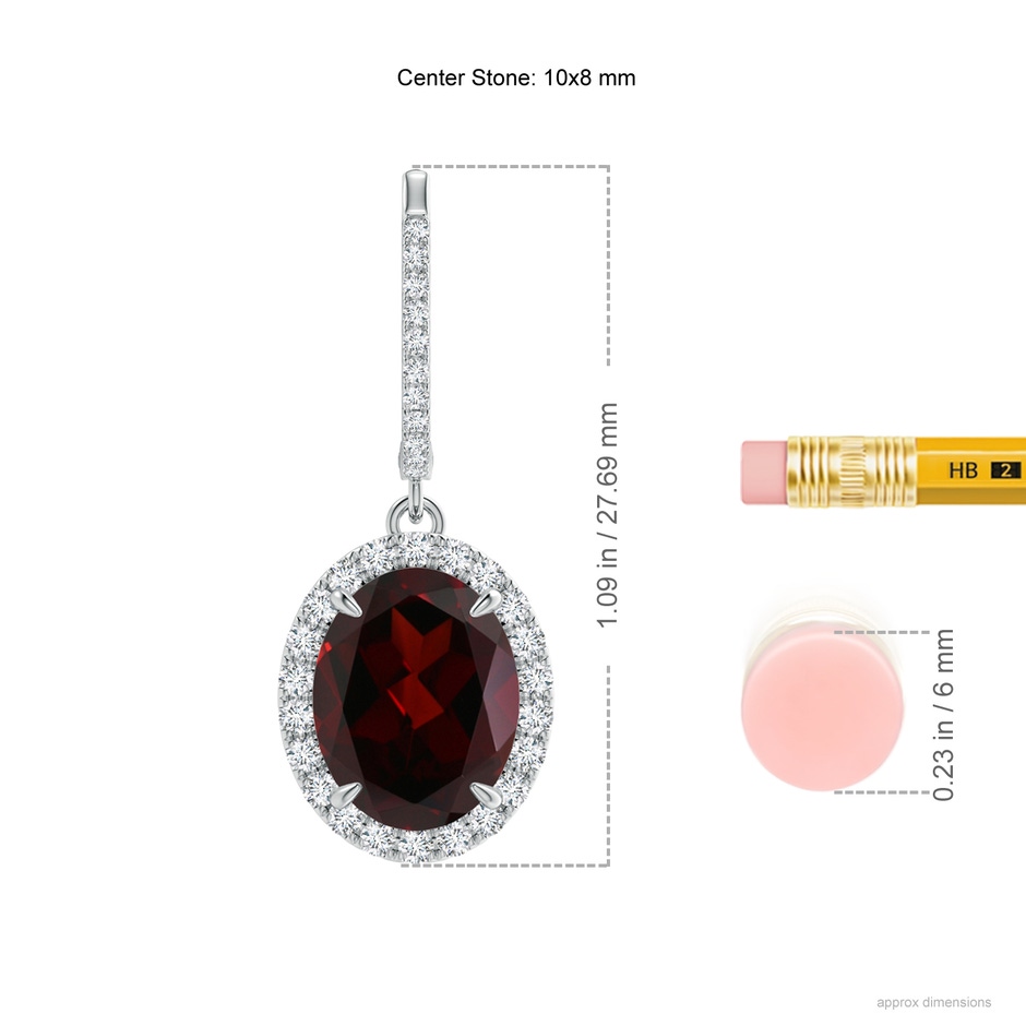 10x8mm A Oval Garnet Dangle Earrings with Diamond Halo in P950 Platinum ruler