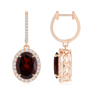 10x8mm A Oval Garnet Dangle Earrings with Diamond Halo in Rose Gold