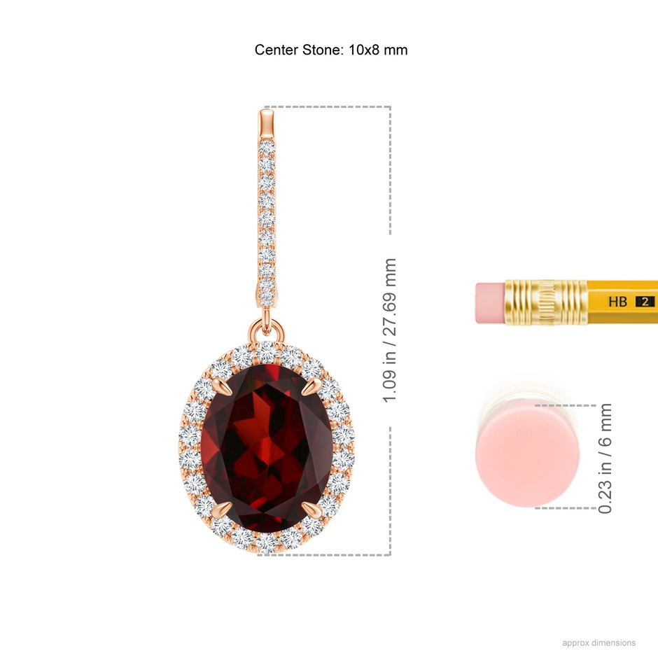10x8mm AAA Oval Garnet Dangle Earrings with Diamond Halo in Rose Gold ruler
