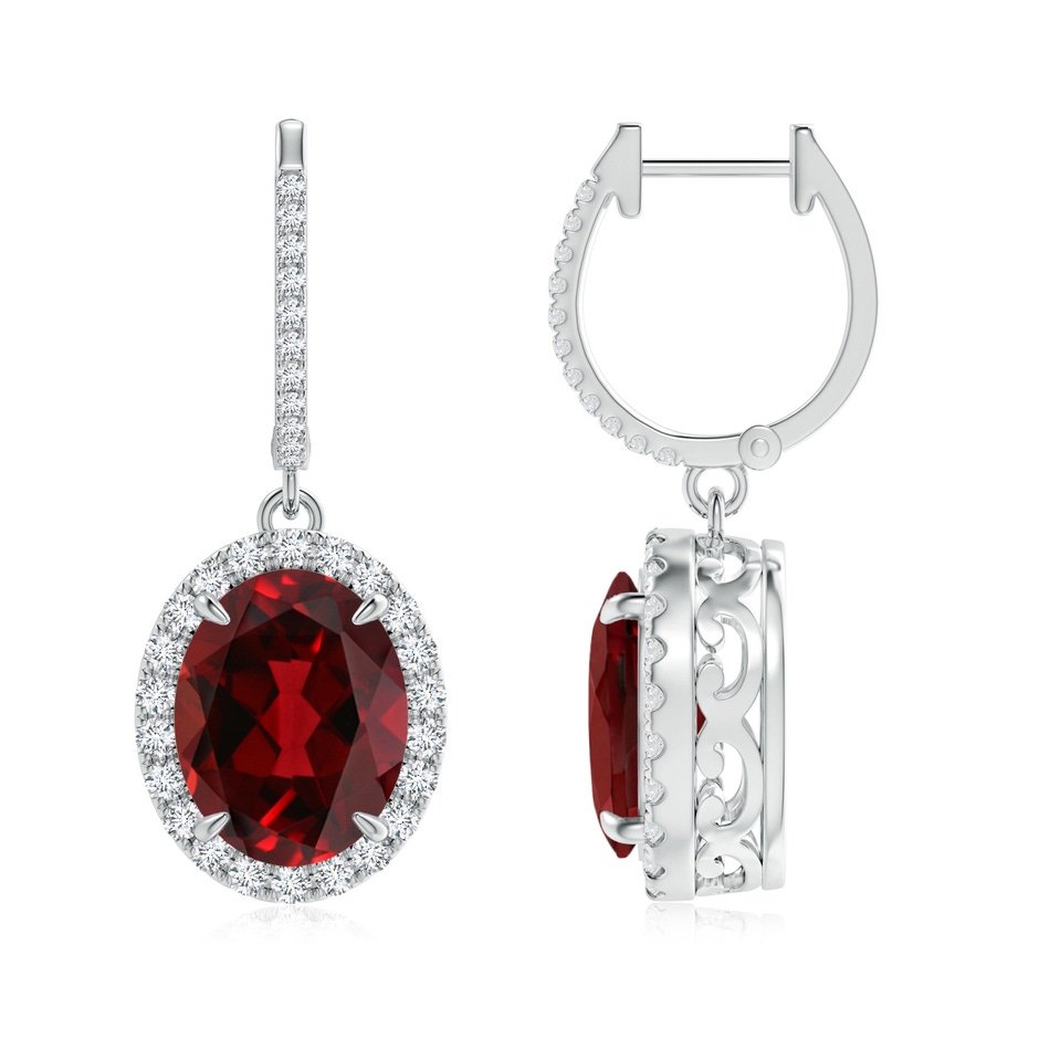 10x8mm AAAA Oval Garnet Dangle Earrings with Diamond Halo in P950 Platinum 