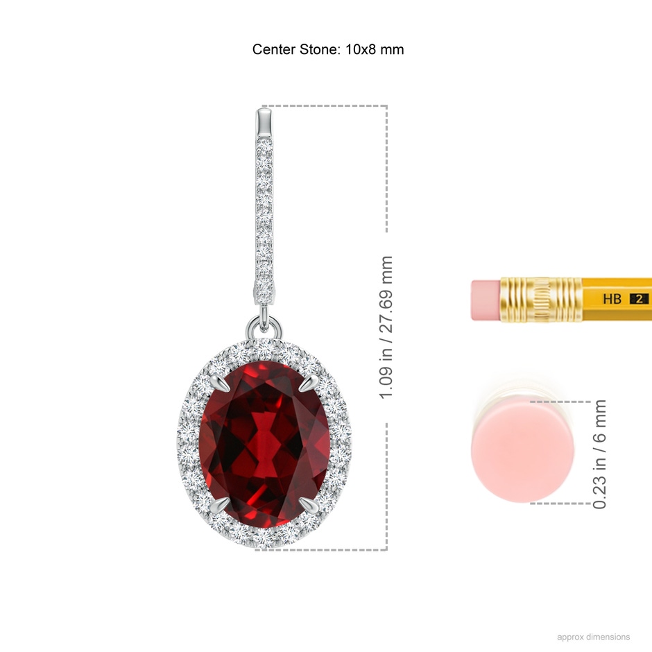 10x8mm AAAA Oval Garnet Dangle Earrings with Diamond Halo in P950 Platinum ruler
