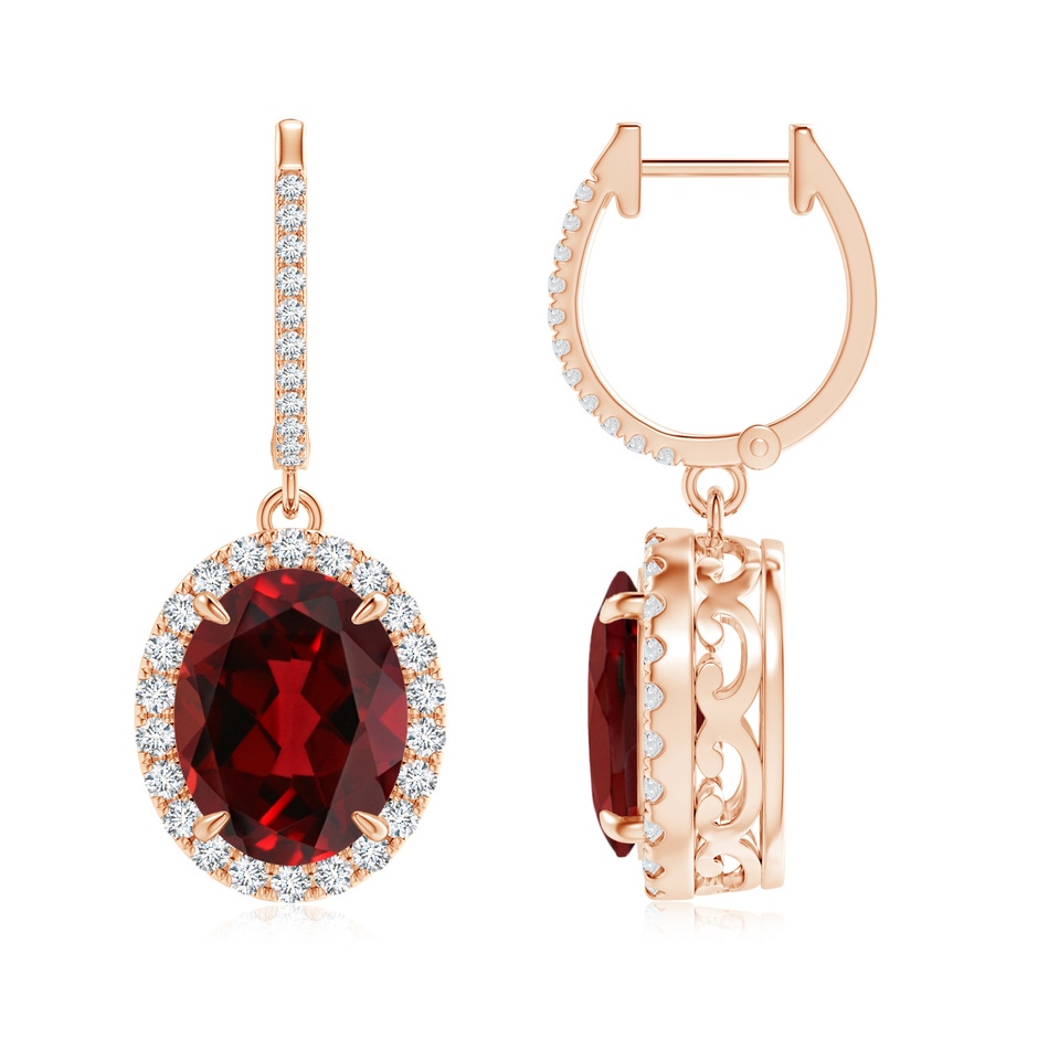 10x8mm AAAA Oval Garnet Dangle Earrings with Diamond Halo in Rose Gold 