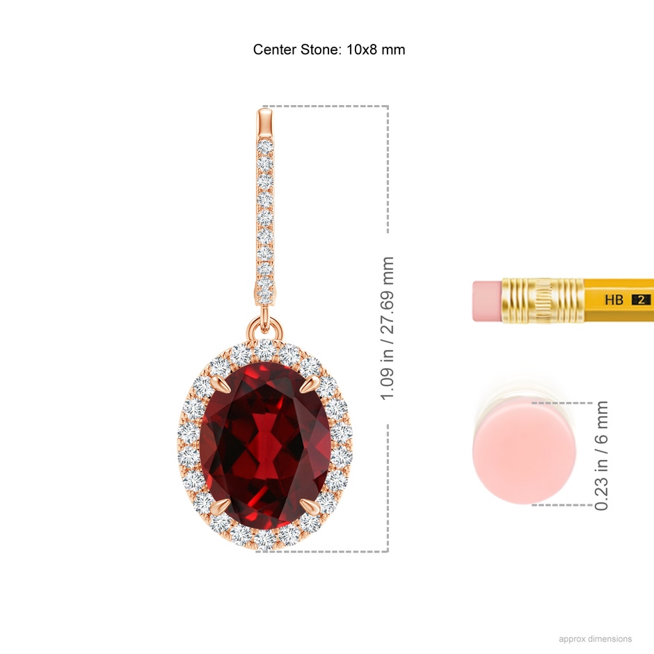 10x8mm AAAA Oval Garnet Dangle Earrings with Diamond Halo in Rose Gold ruler