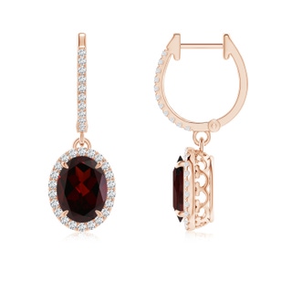 8x6mm A Oval Garnet Dangle Earrings with Diamond Halo in Rose Gold