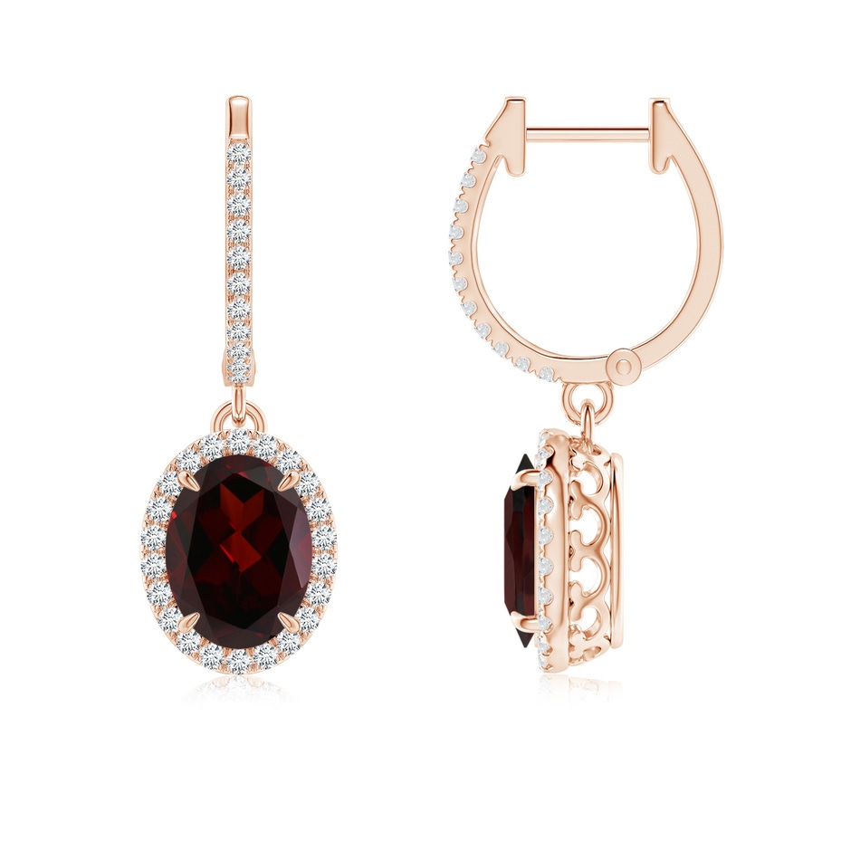8x6mm A Oval Garnet Dangle Earrings with Diamond Halo in Rose Gold 