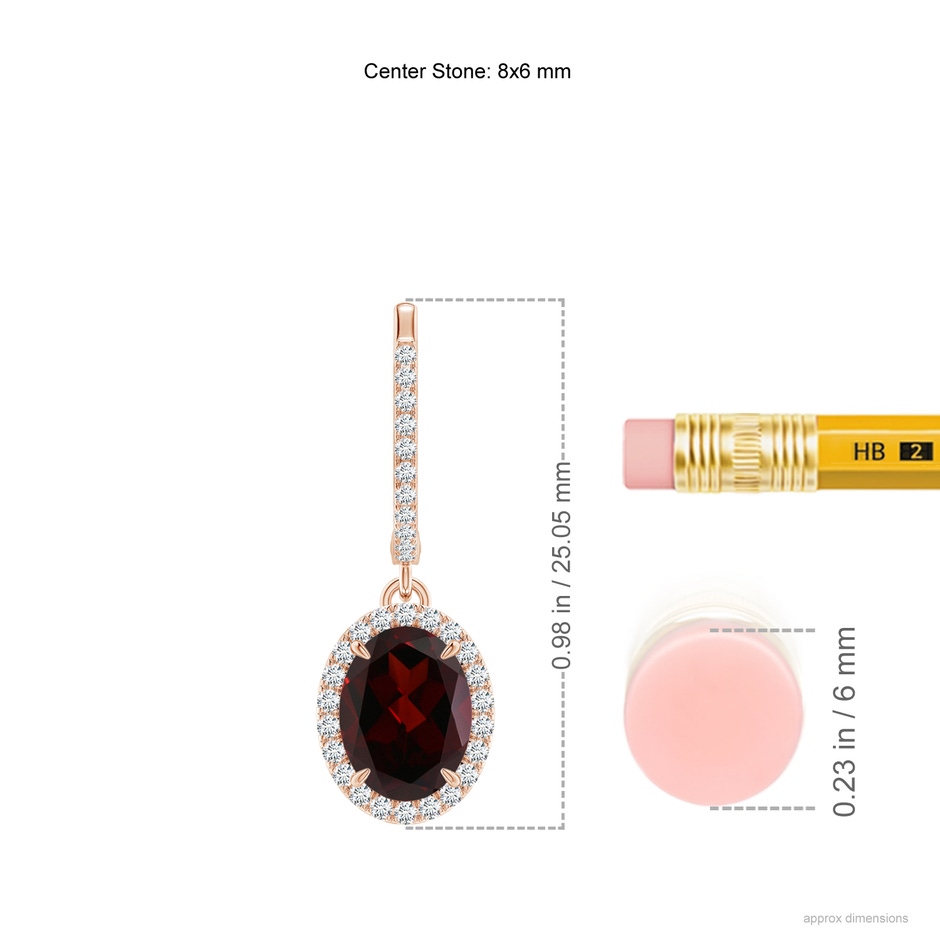 8x6mm A Oval Garnet Dangle Earrings with Diamond Halo in Rose Gold ruler