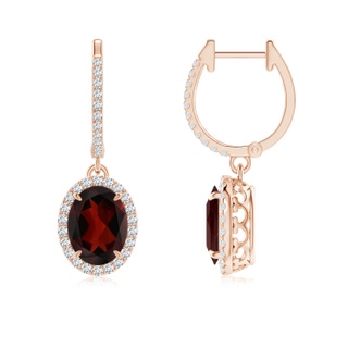 8x6mm AA Oval Garnet Dangle Earrings with Diamond Halo in 9K Rose Gold