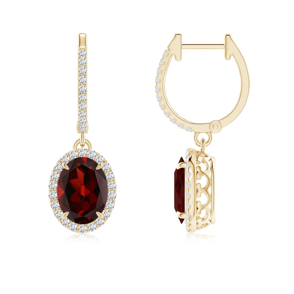 8x6mm AAA Oval Garnet Dangle Earrings with Diamond Halo in Yellow Gold 