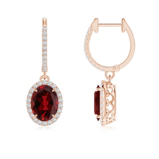 8x6mm AAAA Oval Garnet Dangle Earrings with Diamond Halo in 9K Rose Gold