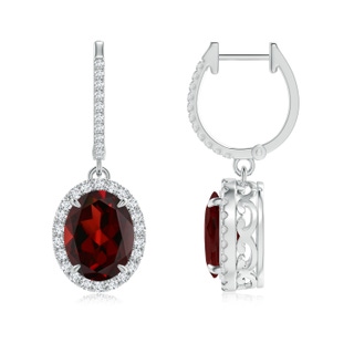 9x7mm AAA Oval Garnet Dangle Earrings with Diamond Halo in White Gold