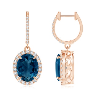 10x8mm AAAA Oval London Blue Topaz Dangle Earrings with Diamonds in Rose Gold
