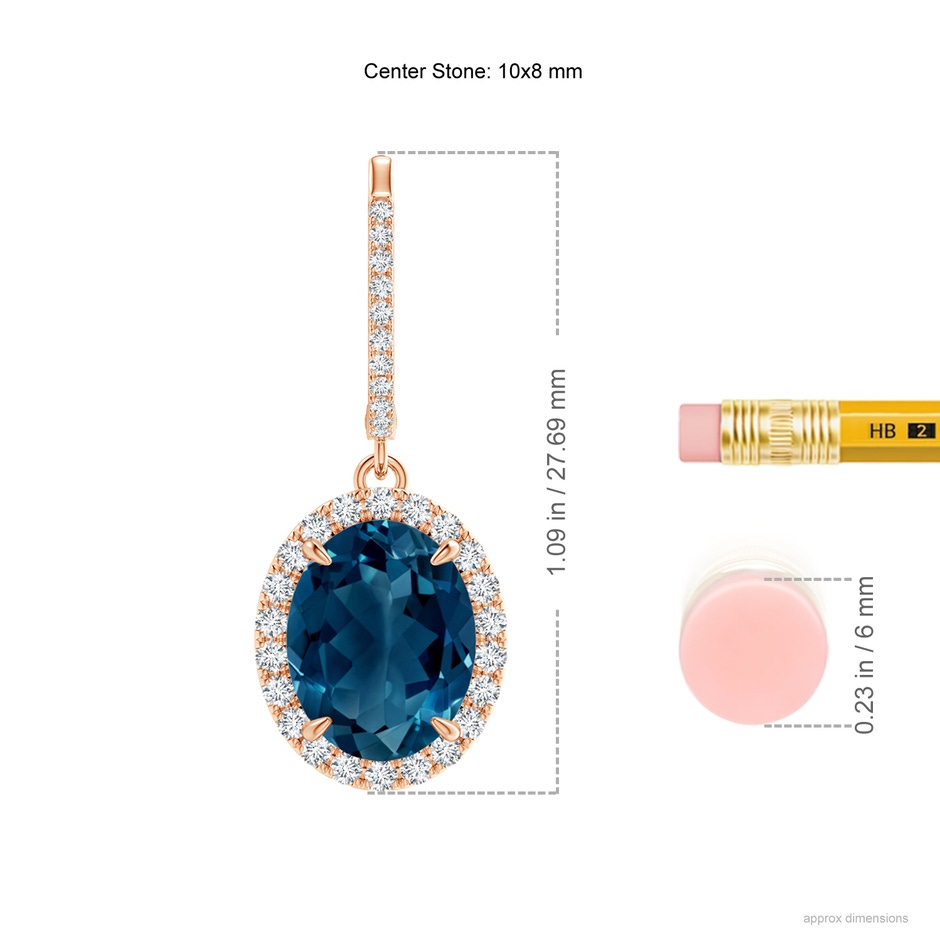 10x8mm AAAA Oval London Blue Topaz Dangle Earrings with Diamonds in Rose Gold ruler
