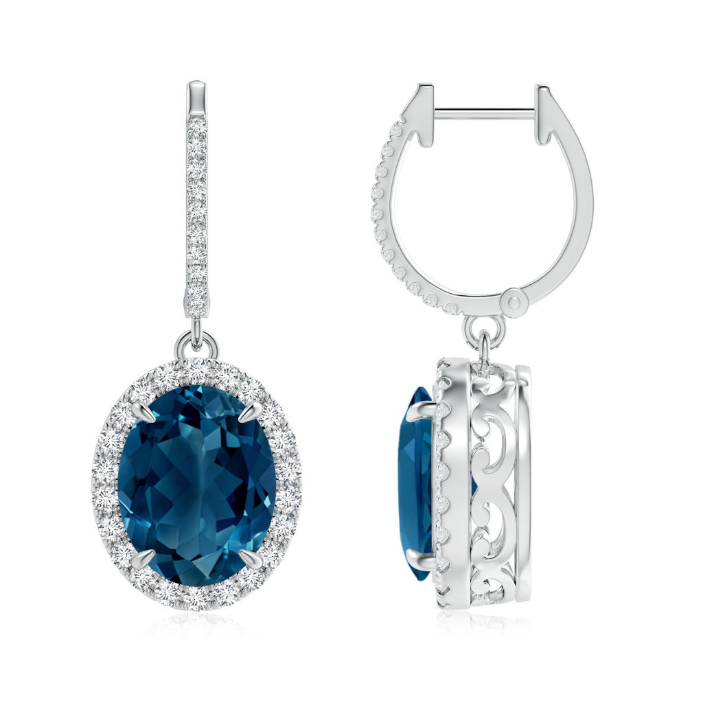 10x8mm AAAA Oval London Blue Topaz Dangle Earrings with Diamonds in White Gold