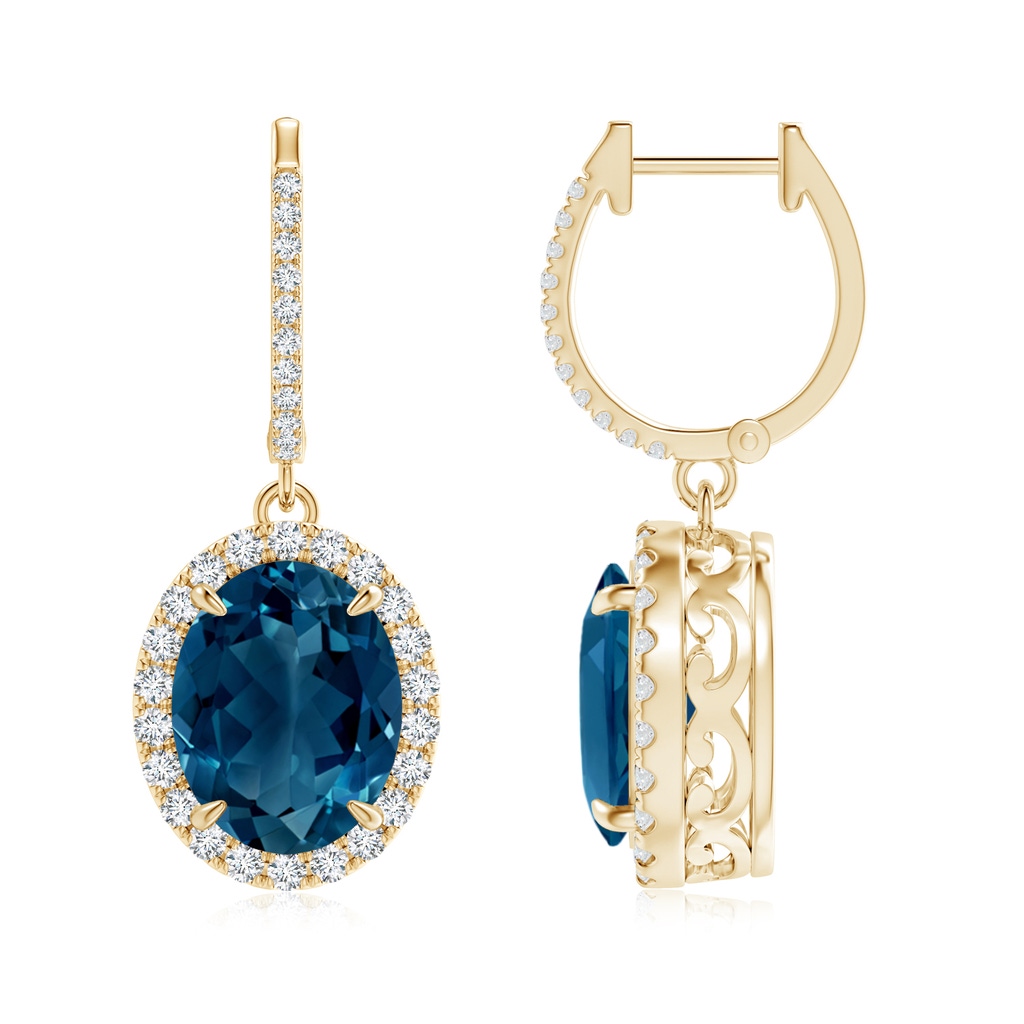 10x8mm AAAA Oval London Blue Topaz Dangle Earrings with Diamonds in Yellow Gold