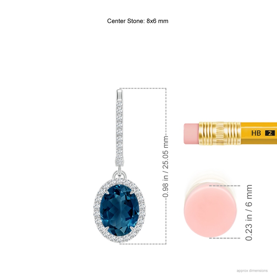 8x6mm AAAA Oval London Blue Topaz Dangle Earrings with Diamonds in P950 Platinum ruler