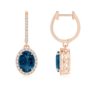 8x6mm AAAA Oval London Blue Topaz Dangle Earrings with Diamonds in Rose Gold