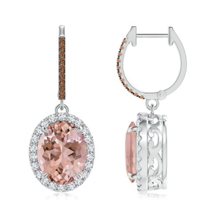 10x8mm AAAA Oval Morganite Dangle Earrings with Coffee and White Diamond in White Gold