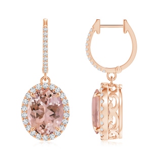 10x8mm AAAA Oval Morganite Dangle Earrings with Diamond Halo in Rose Gold